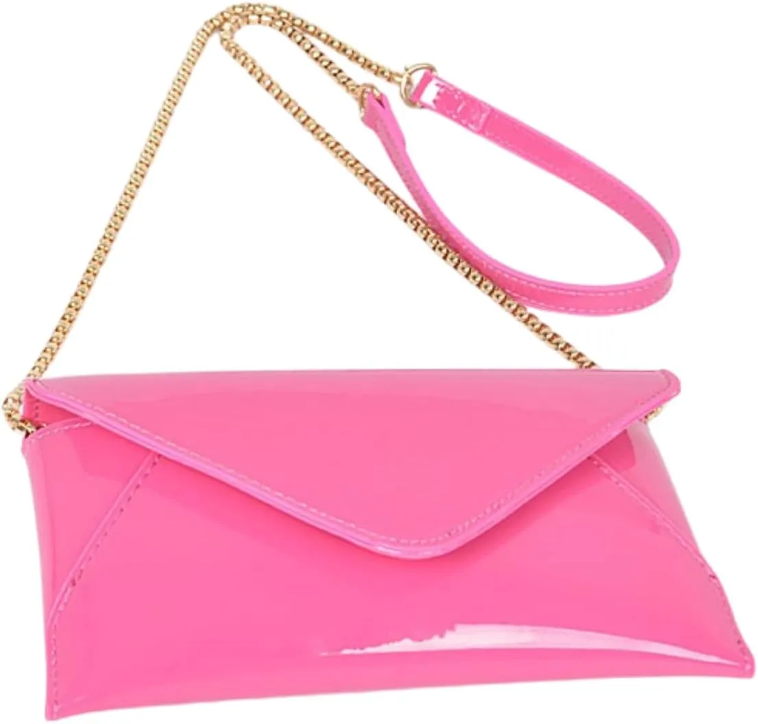 Glossy Patent Faux Leather Envelope Clutch Purse Elegant Evening Formal Wedding Prom Party Handbag with Chain Strap for Women