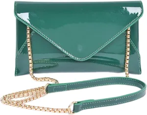 Glossy Patent Faux Leather Envelope Clutch Purse Elegant Evening Formal Wedding Prom Party Handbag with Chain Strap for Women