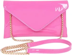 Glossy Patent Faux Leather Envelope Clutch Purse Elegant Evening Formal Wedding Prom Party Handbag with Chain Strap for Women