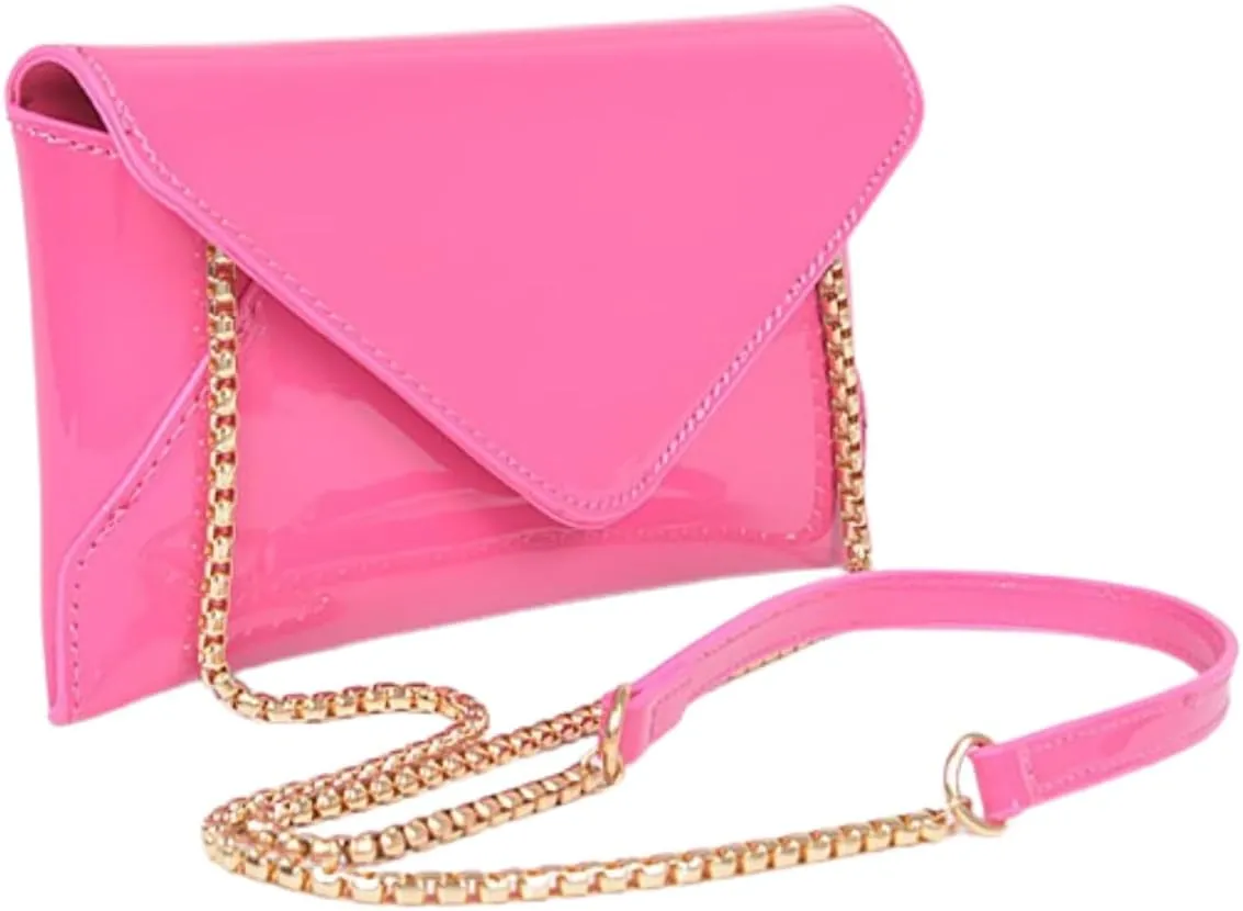 Glossy Patent Faux Leather Envelope Clutch Purse Elegant Evening Formal Wedding Prom Party Handbag with Chain Strap for Women