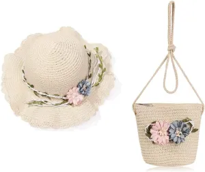 gofidin Girls Summer Baby Beach Sun Hat with Shoulder Bag Set, Cute Flower Sunshade Caps Sun Beach Travel Toddler Baby Shoulder Bag Beige
