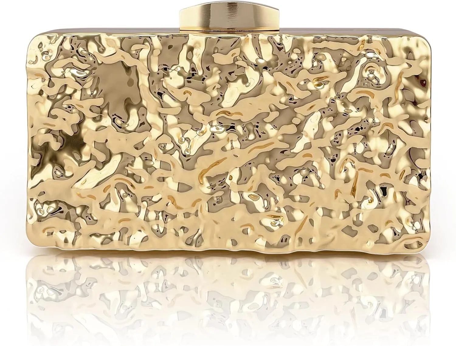Golden Metal Clutch Evening Bag with Water Ripple Design, Solid Color with Buckle Closure, Chain Strap Messenger, Polyester Lining, Luxury Reflective Wave Pattern for Parties, Weddings