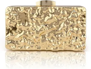 Golden Metal Clutch Evening Bag with Water Ripple Design, Solid Color with Buckle Closure, Chain Strap Messenger, Polyester Lining, Luxury Reflective Wave Pattern for Parties, Weddings