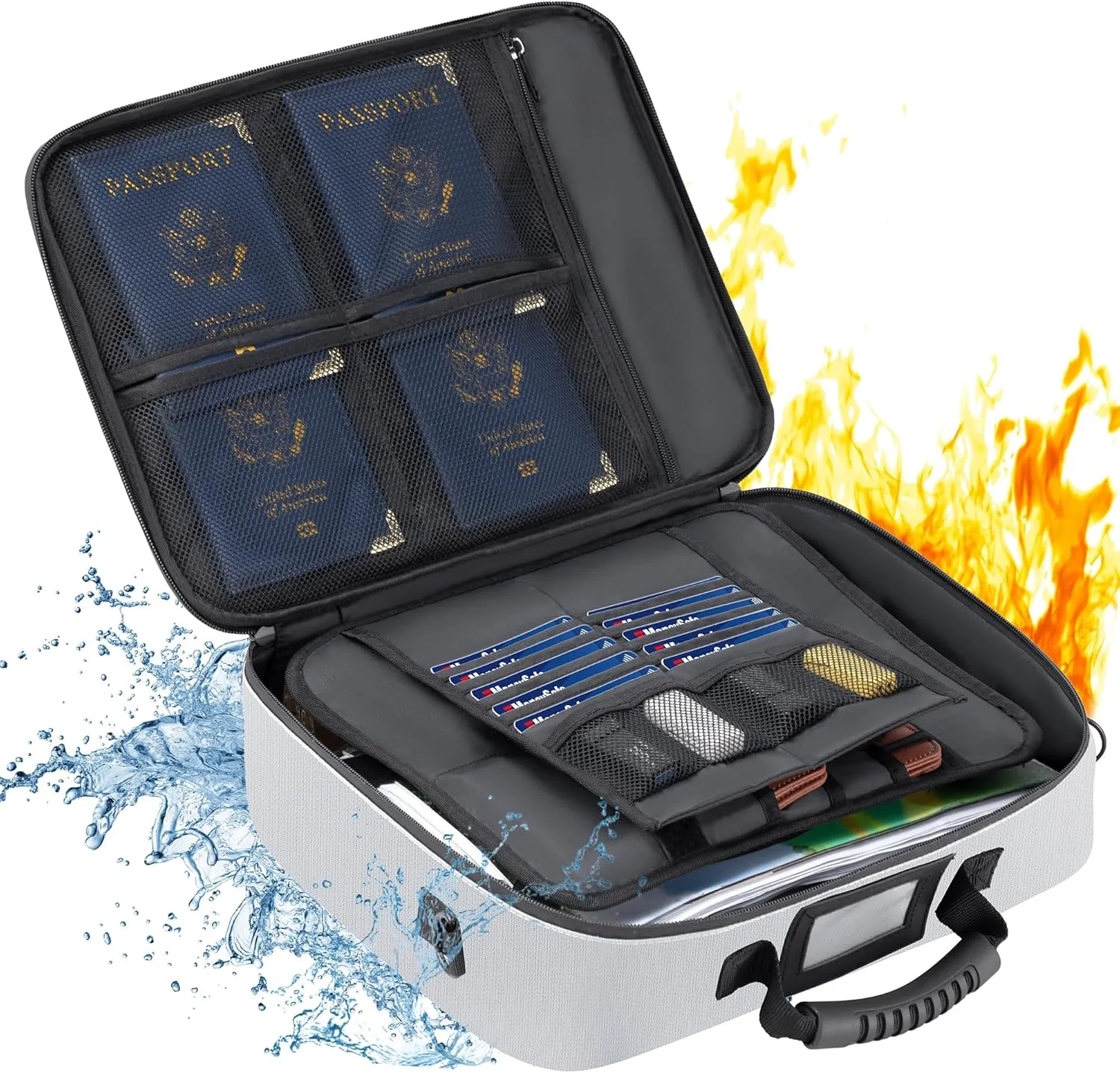 Golkcurx Fireproof Document Box, Multi-Layer Fireproof Important Document Organizer with Lock, File Storage CaseShoulder Strap, Waterproof Document Safe Portable Travel Home Organizer Bag (Silver)