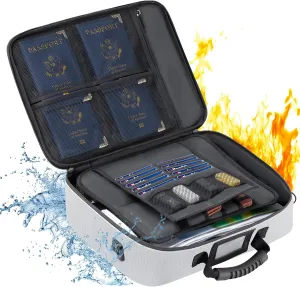 Golkcurx Fireproof Document Box, Multi-Layer Fireproof Important Document Organizer with Lock, File Storage CaseShoulder Strap, Waterproof Document Safe Portable Travel Home Organizer Bag (Silver)