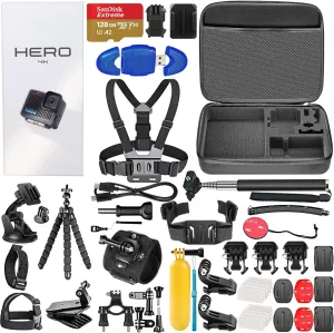 GoPro Hero Compact Waterproof Action Camera with 4K, 12MP Photos, Stabilization   128GB Card, Card Reader, 50 Piece Accessory Kit - Bundle