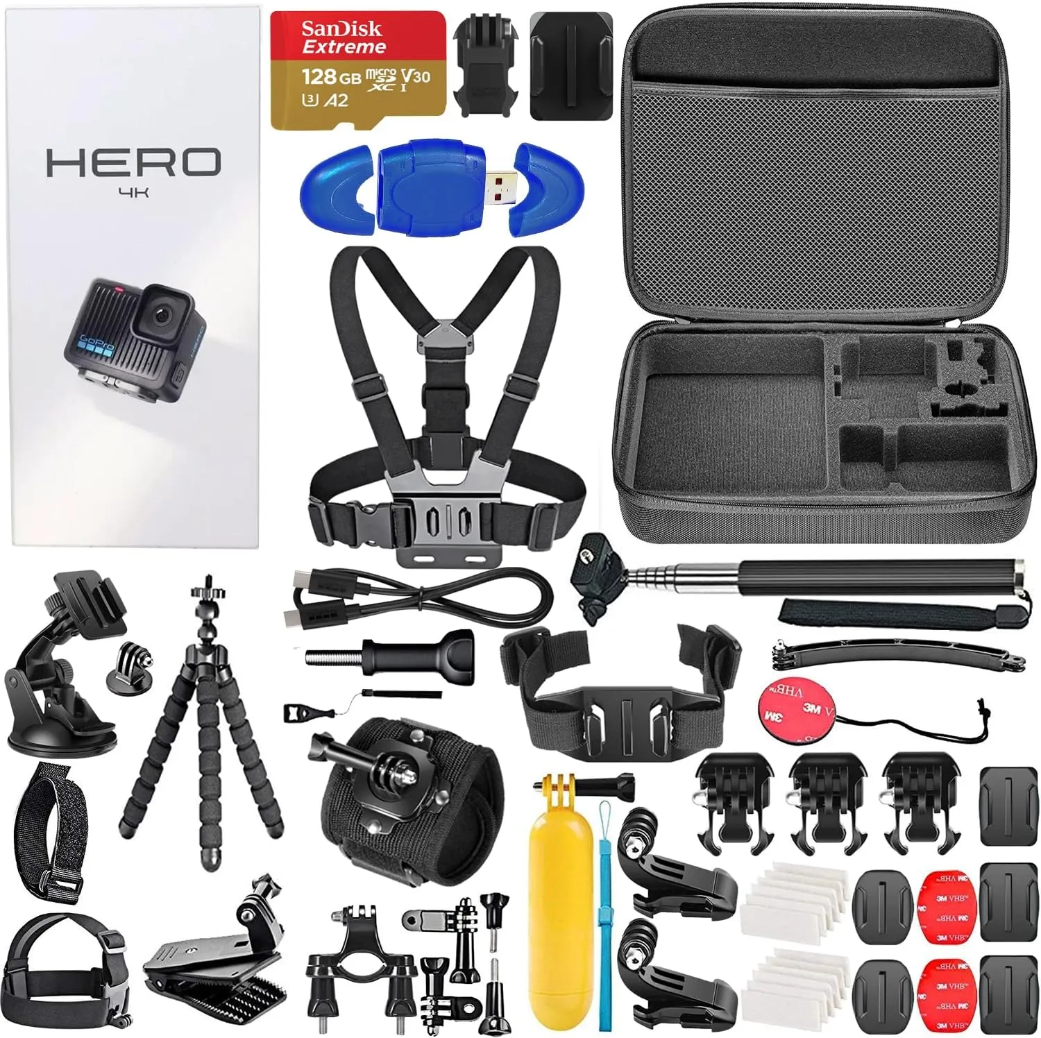 GoPro Hero Compact Waterproof Action Camera with 4K, 12MP Photos, Stabilization   128GB Card, Card Reader, 50 Piece Accessory Kit - Bundle
