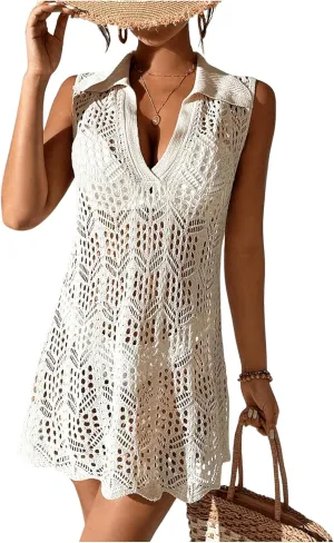 GORGLITTER Women's Crochet Swimsuit Coverup Hollow Out Sleeveless Bikini Cover Up Dress Split Hem Beach Dress 2025