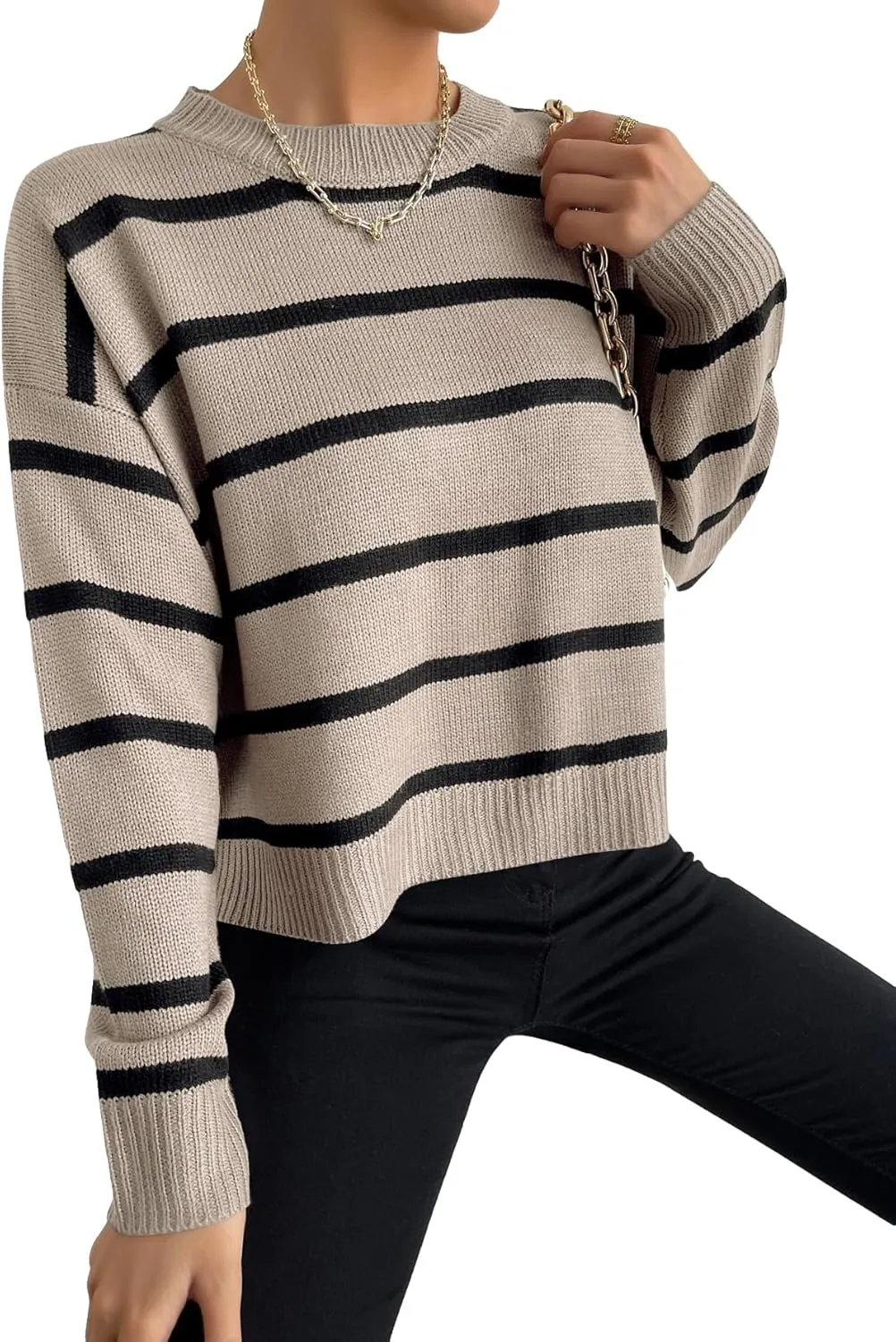 GORGLITTER Women's Striped Drop Shoulder Sweater Oversized Crew Neck Knit Sweaters Pullover Top