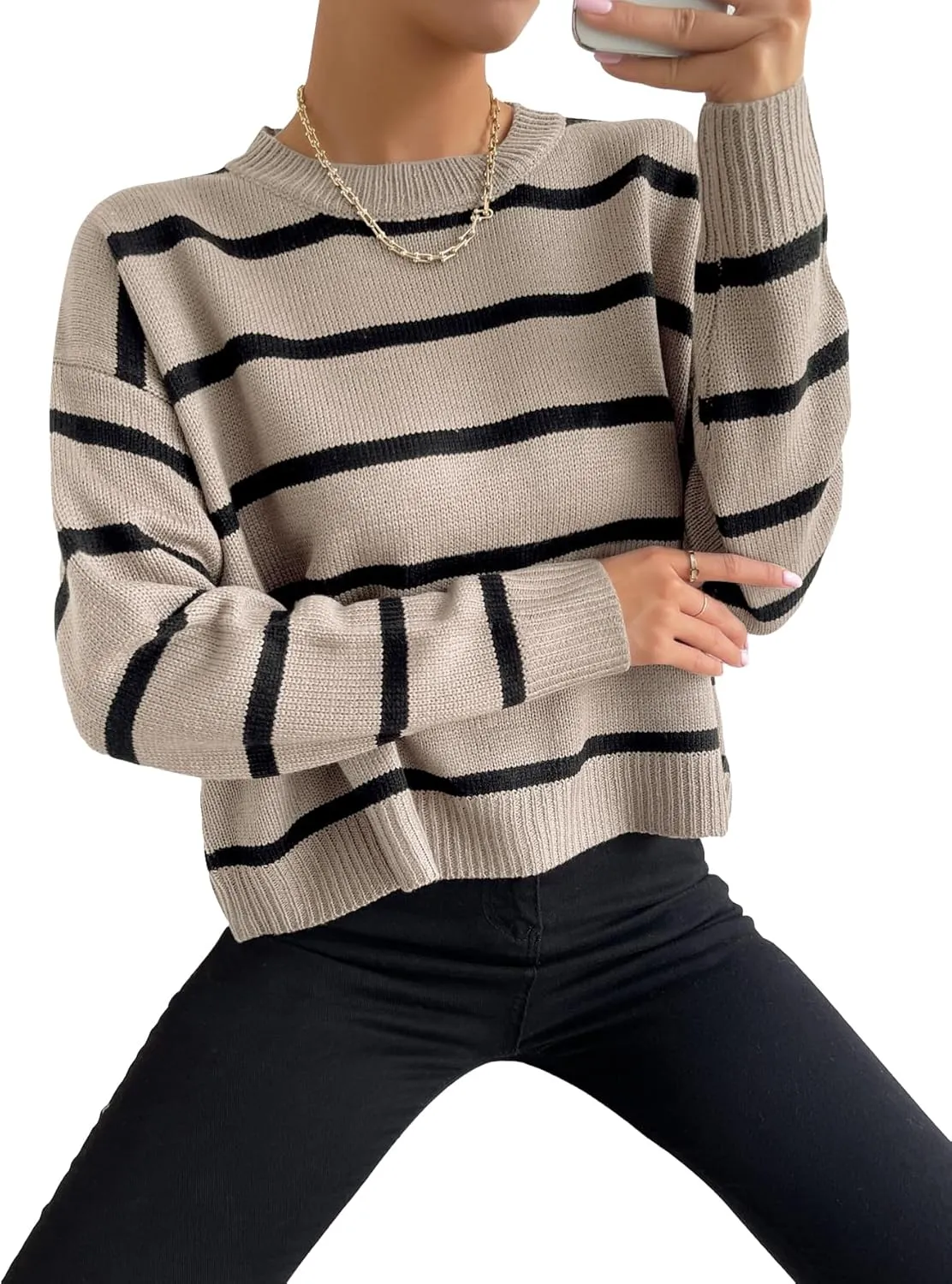 GORGLITTER Women's Striped Drop Shoulder Sweater Oversized Crew Neck Knit Sweaters Pullover Top