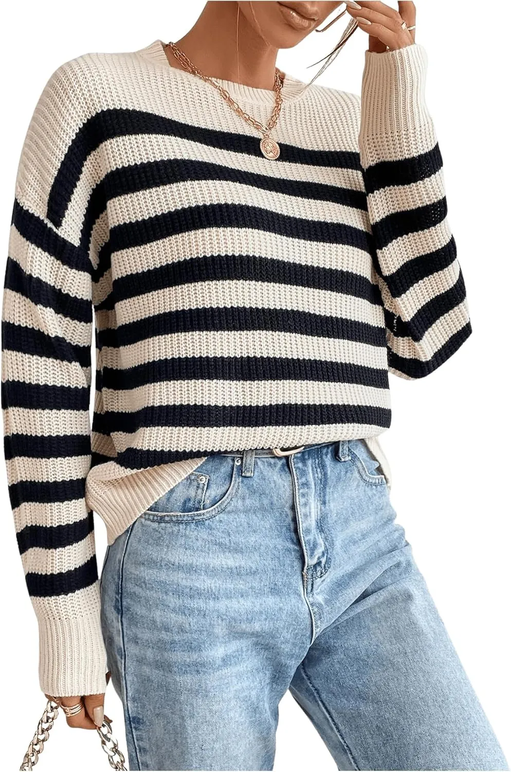 GORGLITTER Women's Striped Drop Shoulder Sweater Oversized Crew Neck Knit Sweaters Pullover Top