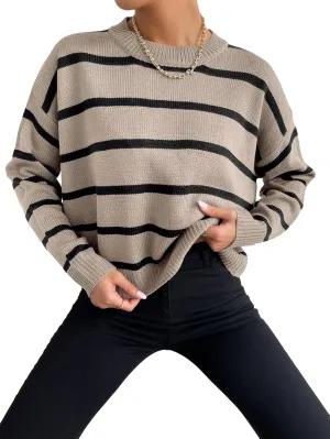 GORGLITTER Women's Striped Drop Shoulder Sweater Oversized Crew Neck Knit Sweaters Pullover Top