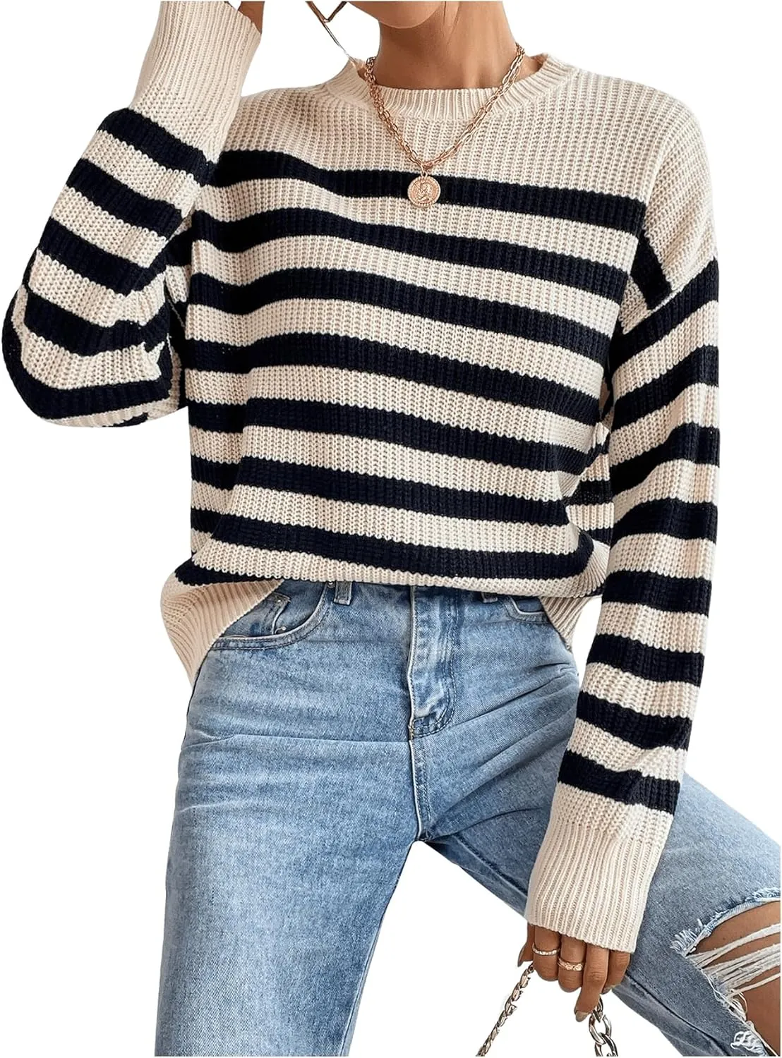 GORGLITTER Women's Striped Drop Shoulder Sweater Oversized Crew Neck Knit Sweaters Pullover Top