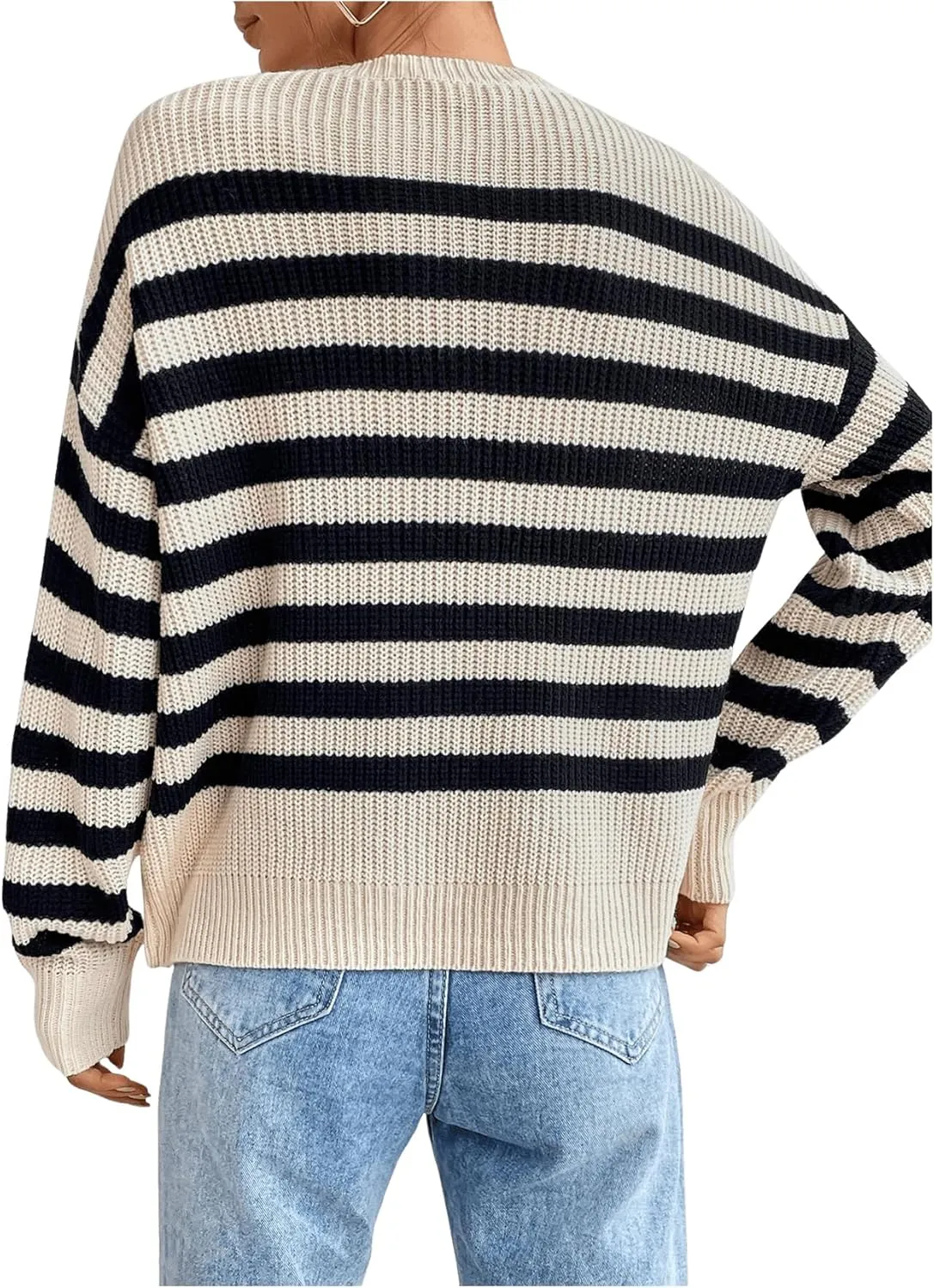 GORGLITTER Women's Striped Drop Shoulder Sweater Oversized Crew Neck Knit Sweaters Pullover Top
