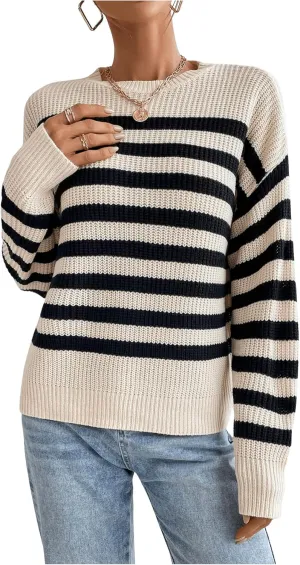 GORGLITTER Women's Striped Drop Shoulder Sweater Oversized Crew Neck Knit Sweaters Pullover Top