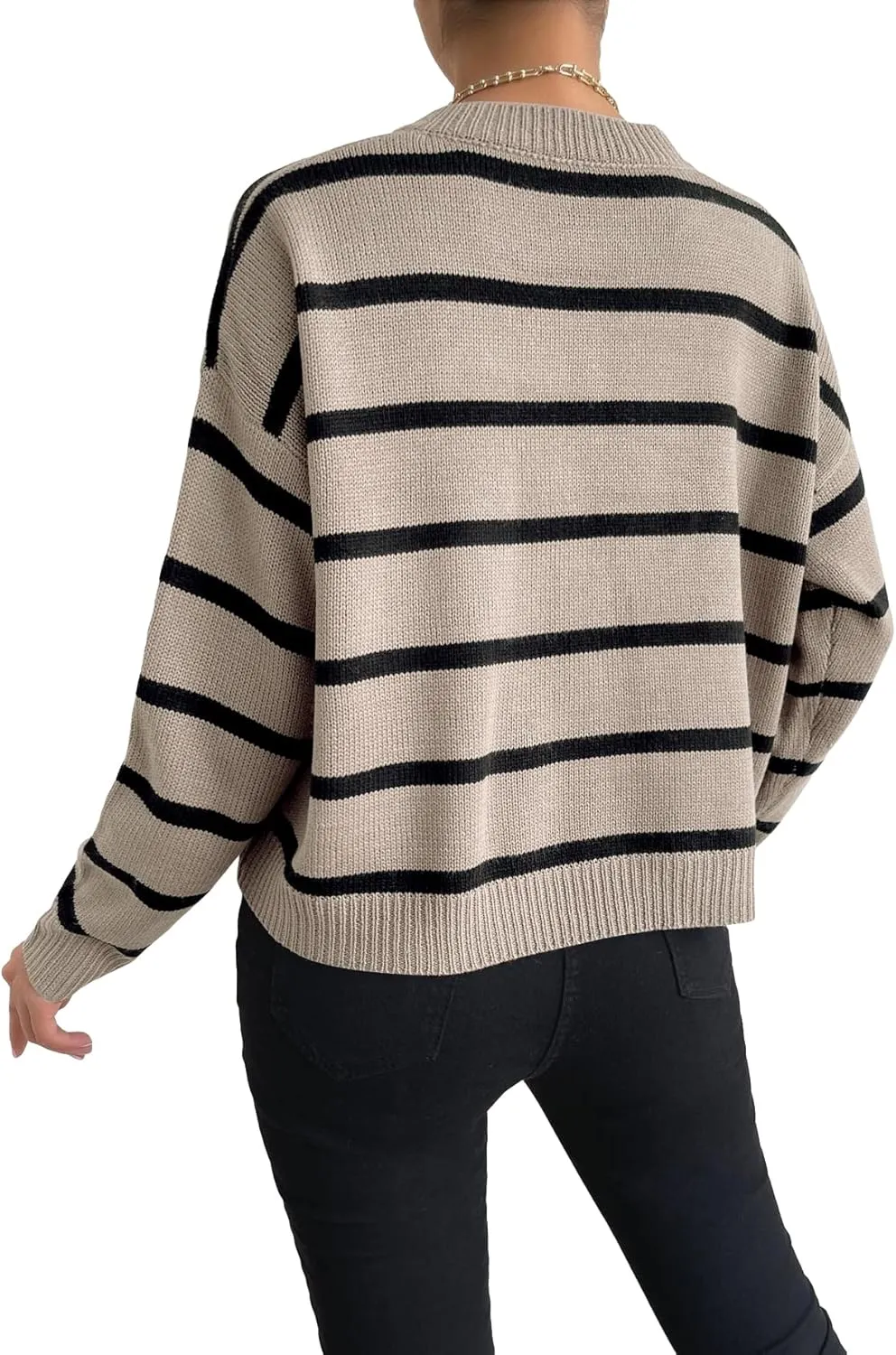 GORGLITTER Women's Striped Drop Shoulder Sweater Oversized Crew Neck Knit Sweaters Pullover Top