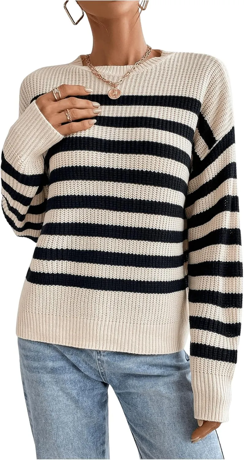 GORGLITTER Women's Striped Drop Shoulder Sweater Oversized Crew Neck Knit Sweaters Pullover Top