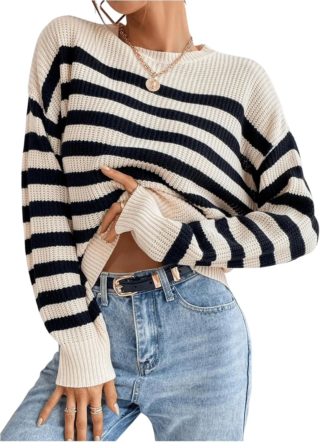 GORGLITTER Women's Striped Drop Shoulder Sweater Oversized Crew Neck Knit Sweaters Pullover Top