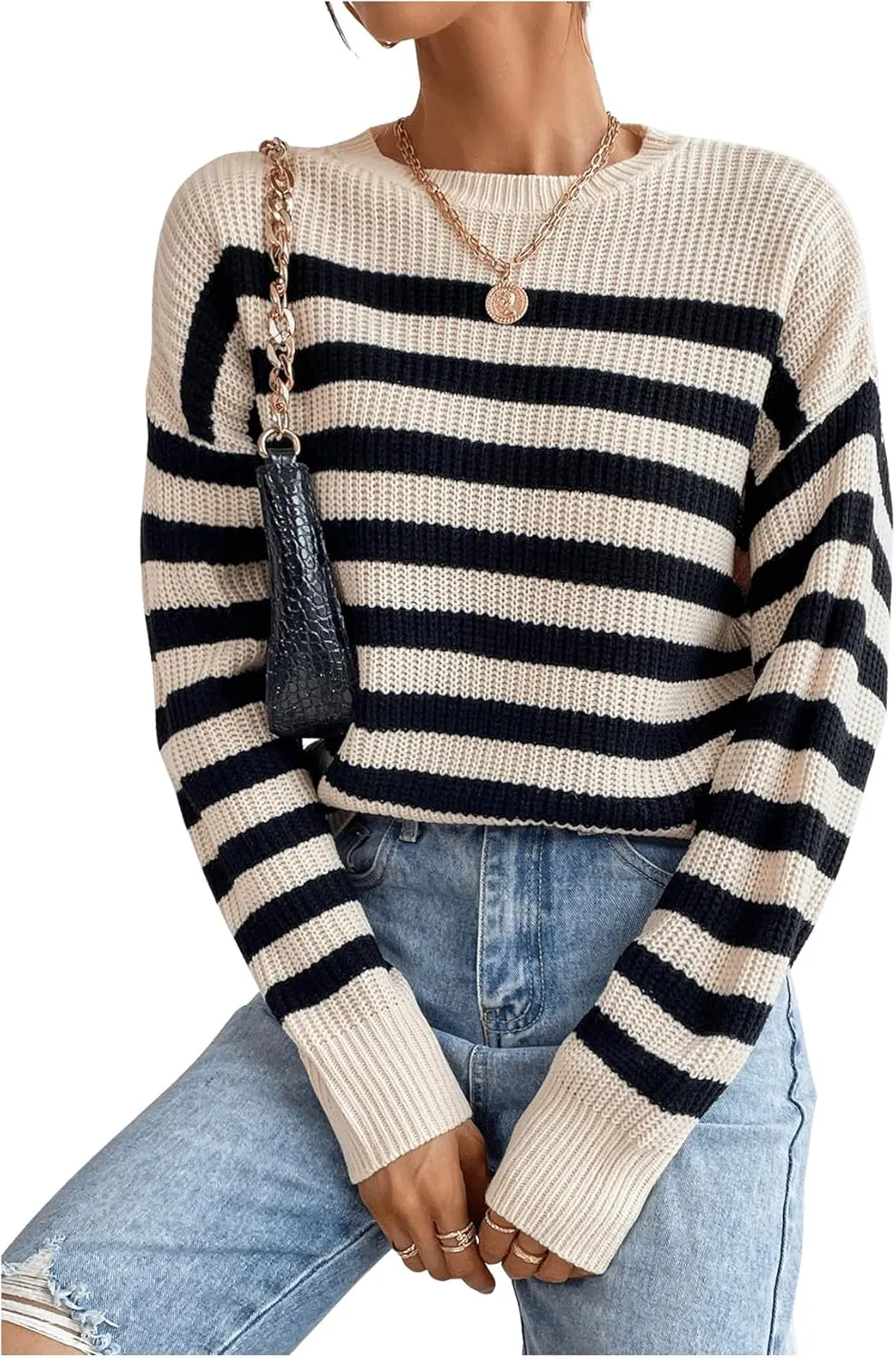 GORGLITTER Women's Striped Drop Shoulder Sweater Oversized Crew Neck Knit Sweaters Pullover Top