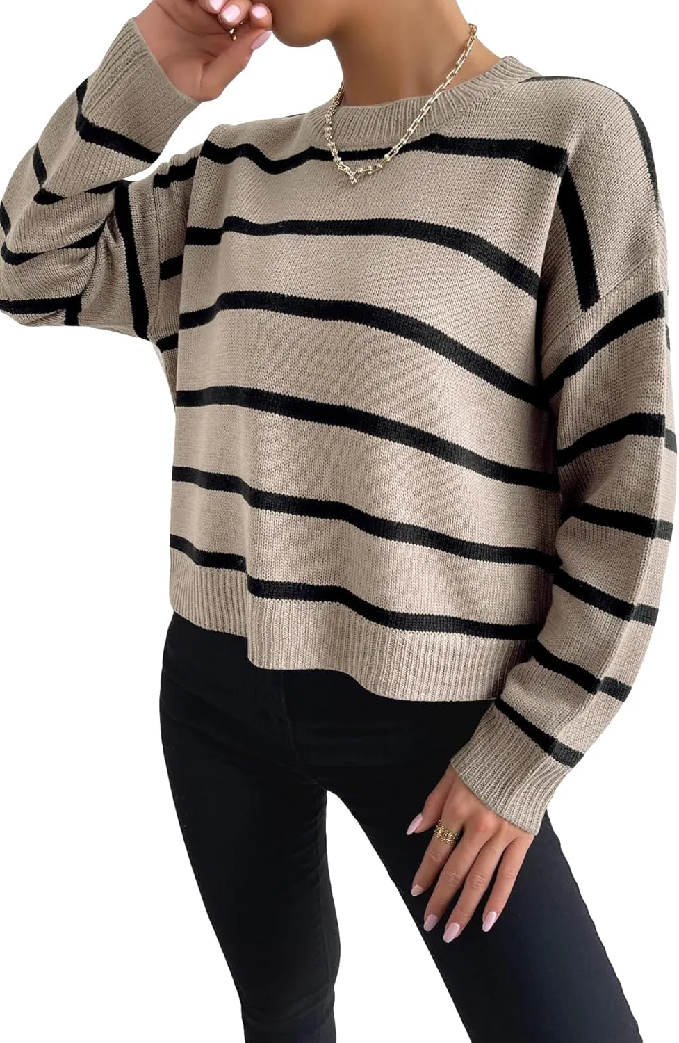 GORGLITTER Women's Striped Drop Shoulder Sweater Oversized Crew Neck Knit Sweaters Pullover Top