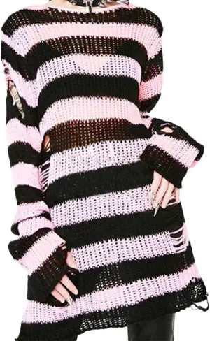 Goth Y2K Striped Sweater Ripped Punk Gothic Sweaters for Women Harajuku Aesthetic Halloween Pullover Tops