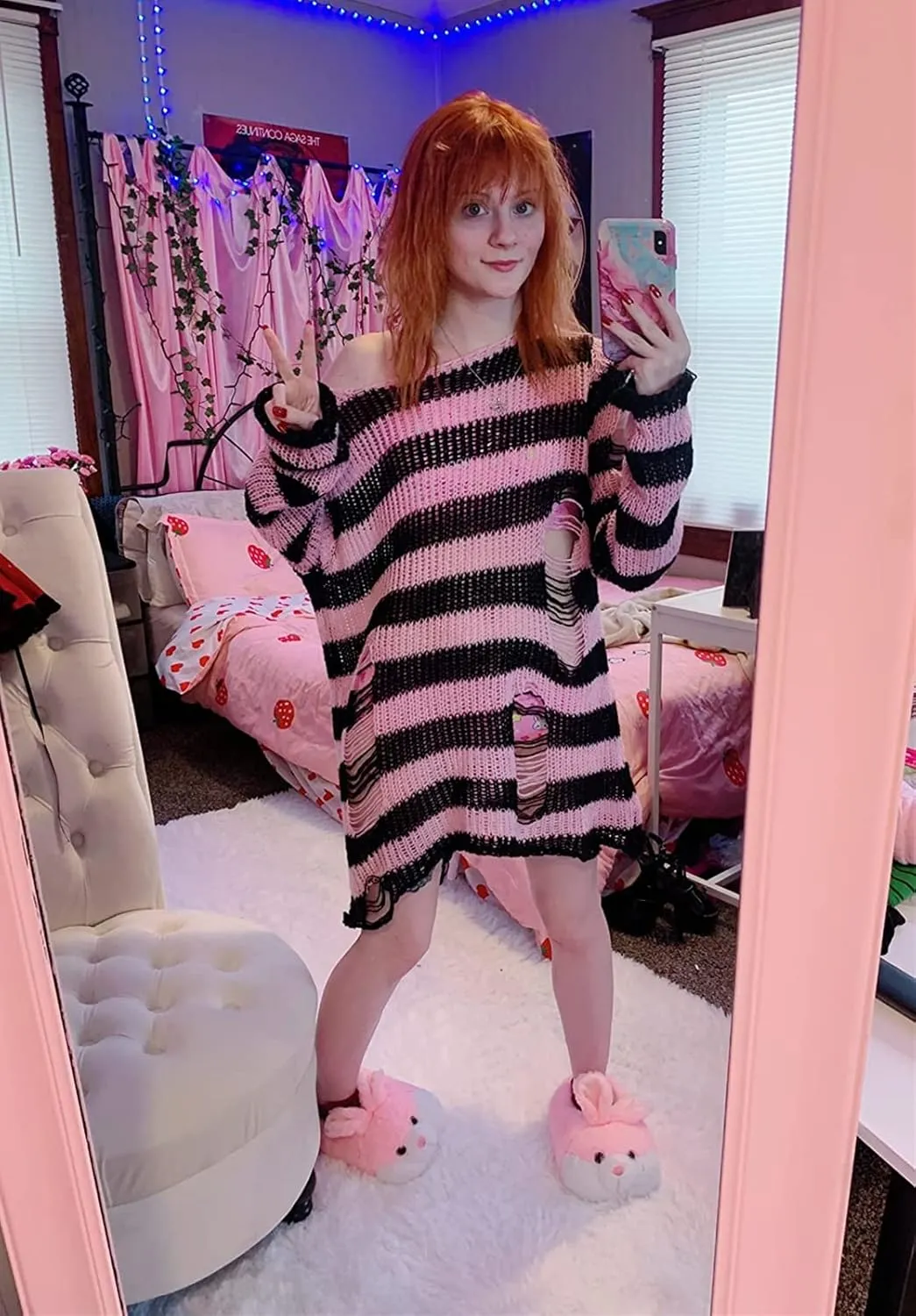 Goth Y2K Striped Sweater Ripped Punk Gothic Sweaters for Women Harajuku Aesthetic Halloween Pullover Tops