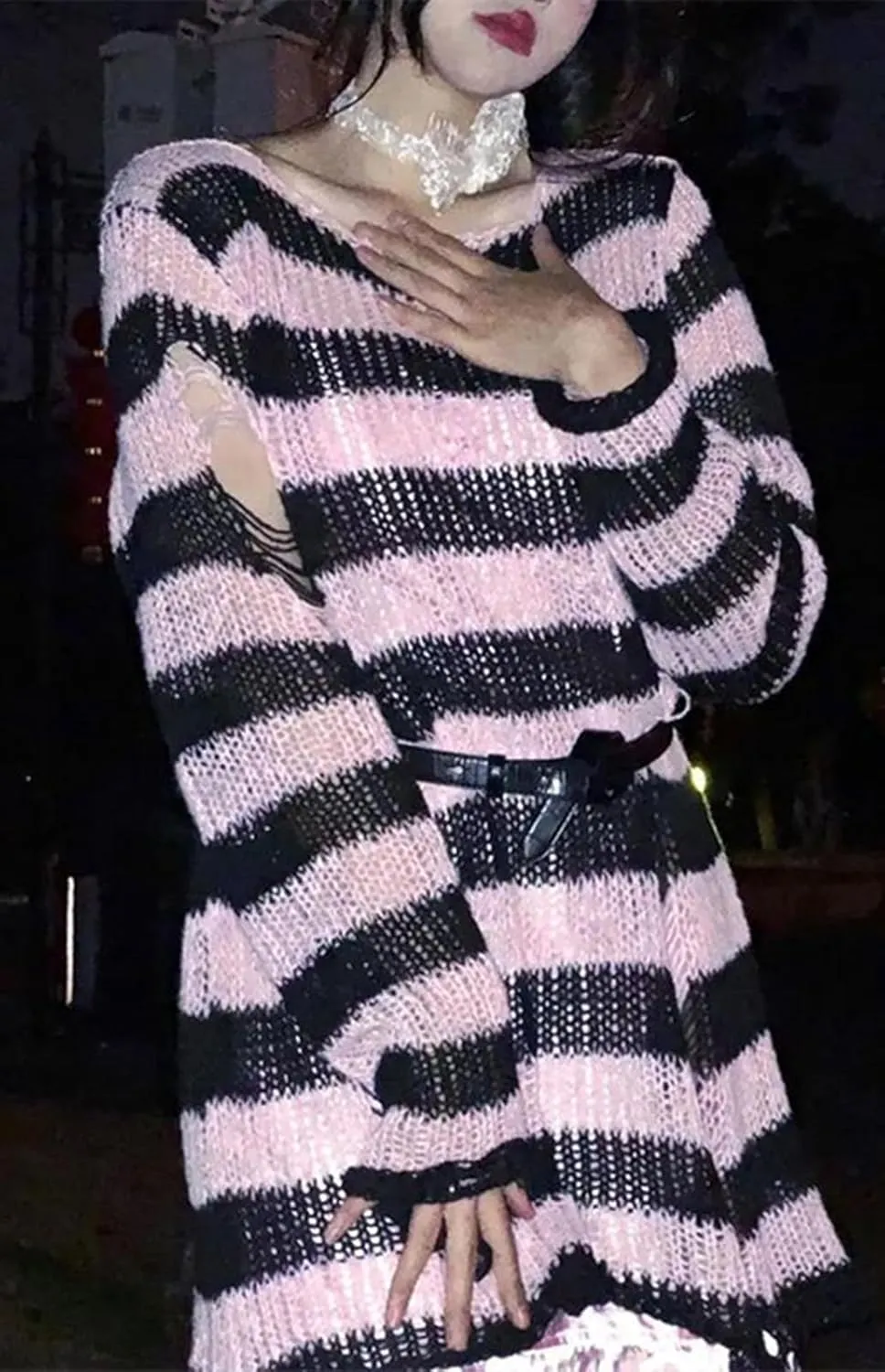 Goth Y2K Striped Sweater Ripped Punk Gothic Sweaters for Women Harajuku Aesthetic Halloween Pullover Tops