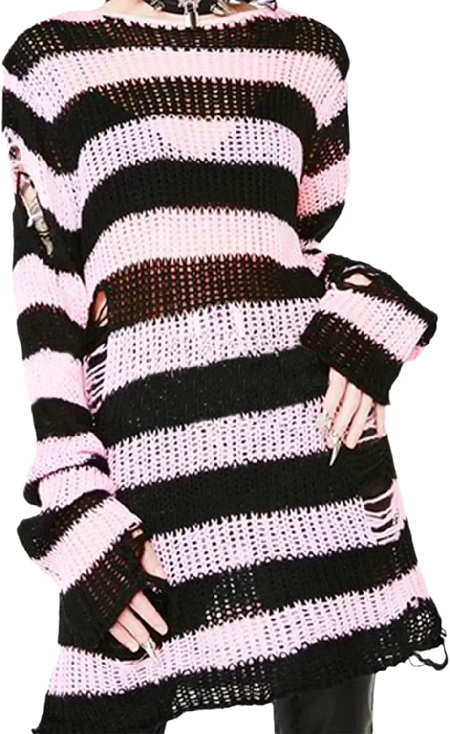 Goth Y2K Striped Sweater Ripped Punk Gothic Sweaters for Women Harajuku Aesthetic Halloween Pullover Tops