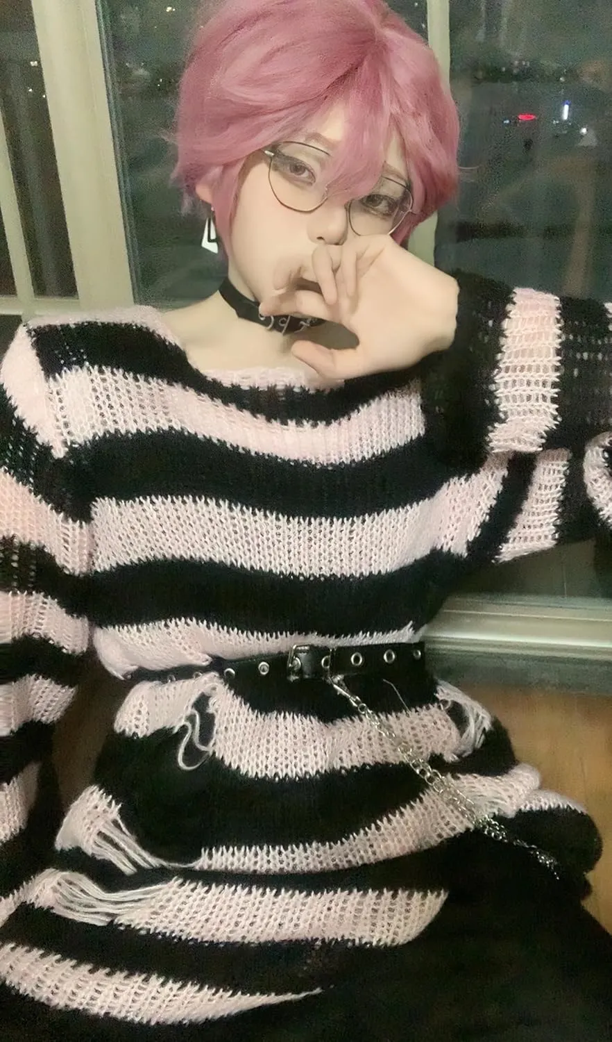 Goth Y2K Striped Sweater Ripped Punk Gothic Sweaters for Women Harajuku Aesthetic Halloween Pullover Tops