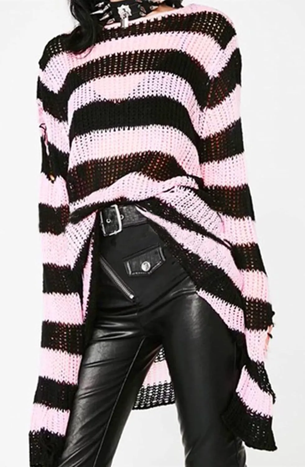 Goth Y2K Striped Sweater Ripped Punk Gothic Sweaters for Women Harajuku Aesthetic Halloween Pullover Tops