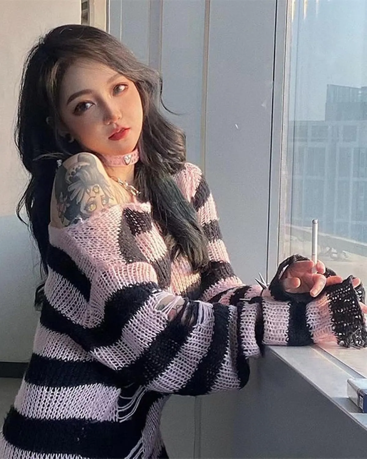 Goth Y2K Striped Sweater Ripped Punk Gothic Sweaters for Women Harajuku Aesthetic Halloween Pullover Tops
