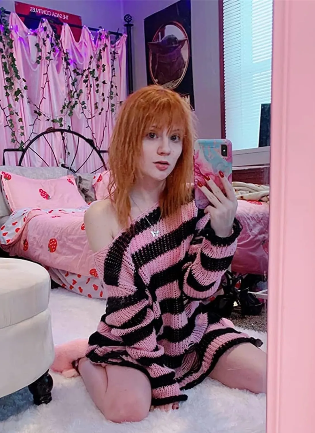 Goth Y2K Striped Sweater Ripped Punk Gothic Sweaters for Women Harajuku Aesthetic Halloween Pullover Tops