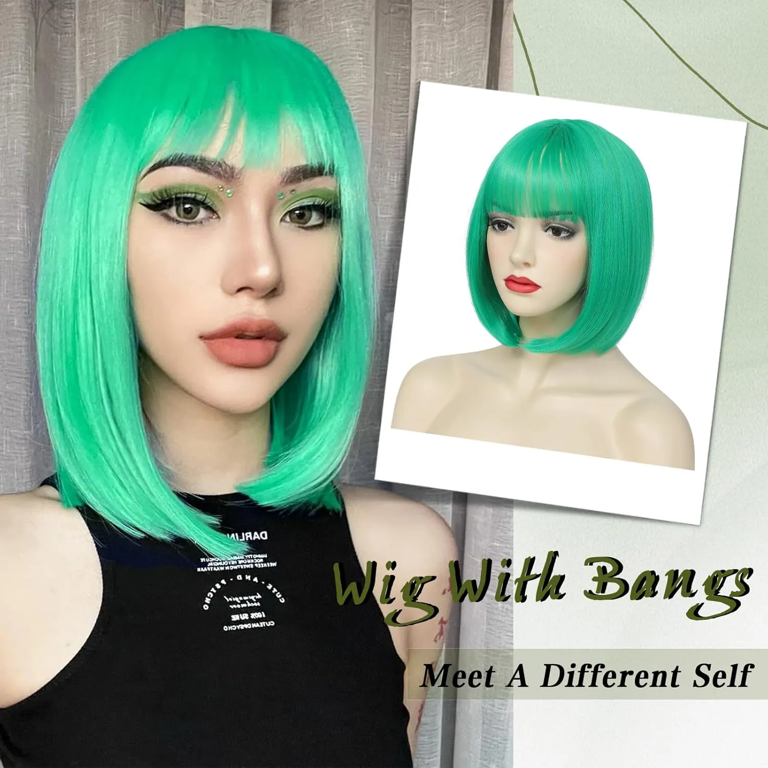 Green Bob Wigs with Bangs Short Straight Bob Wig For Women Shoulder Length Synthetic Wigs For Halloween Daily Party Cosplay