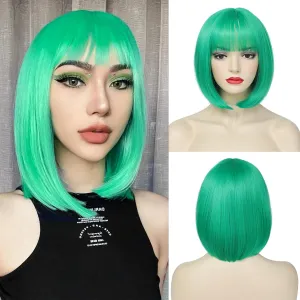 Green Bob Wigs with Bangs Short Straight Bob Wig For Women Shoulder Length Synthetic Wigs For Halloween Daily Party Cosplay