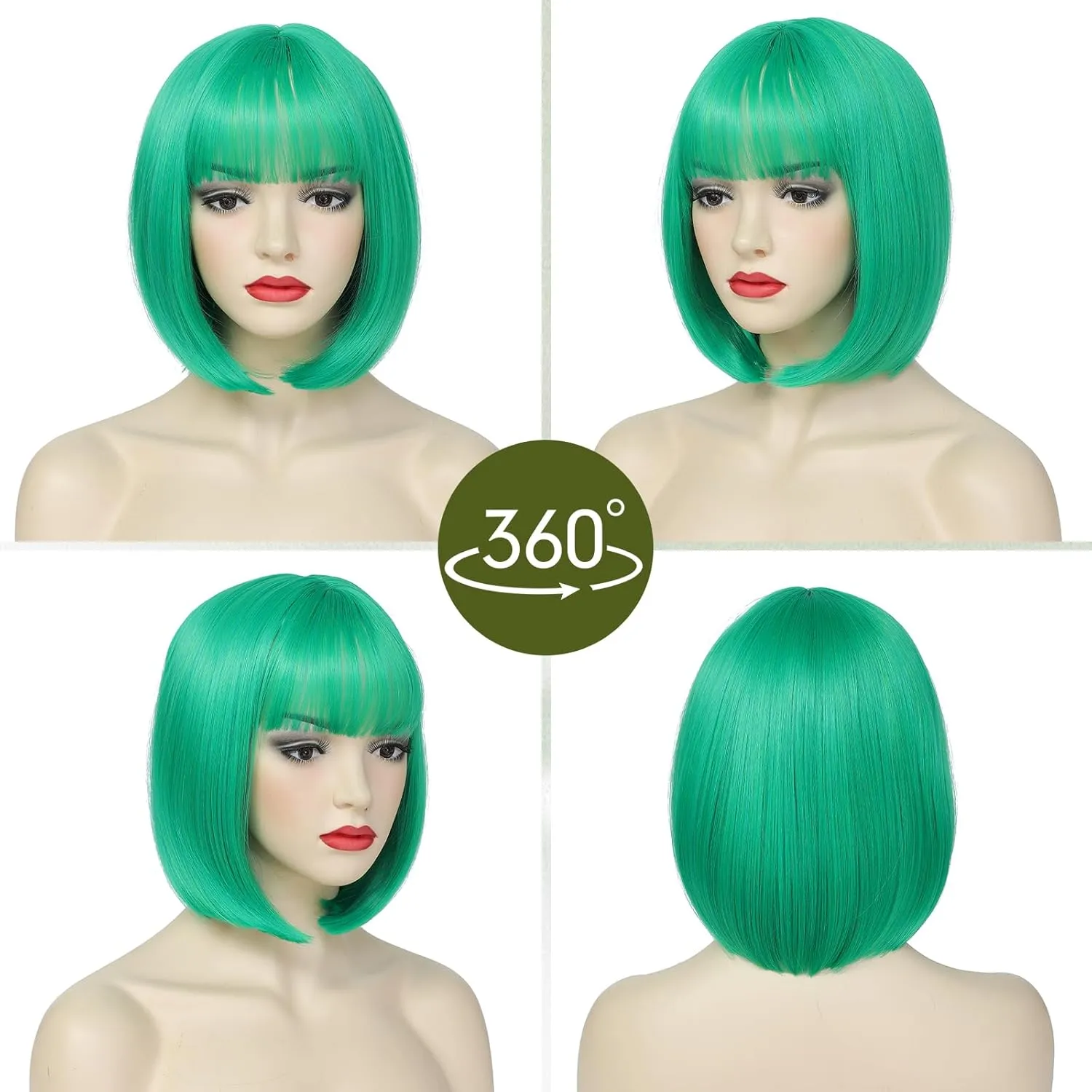 Green Bob Wigs with Bangs Short Straight Bob Wig For Women Shoulder Length Synthetic Wigs For Halloween Daily Party Cosplay