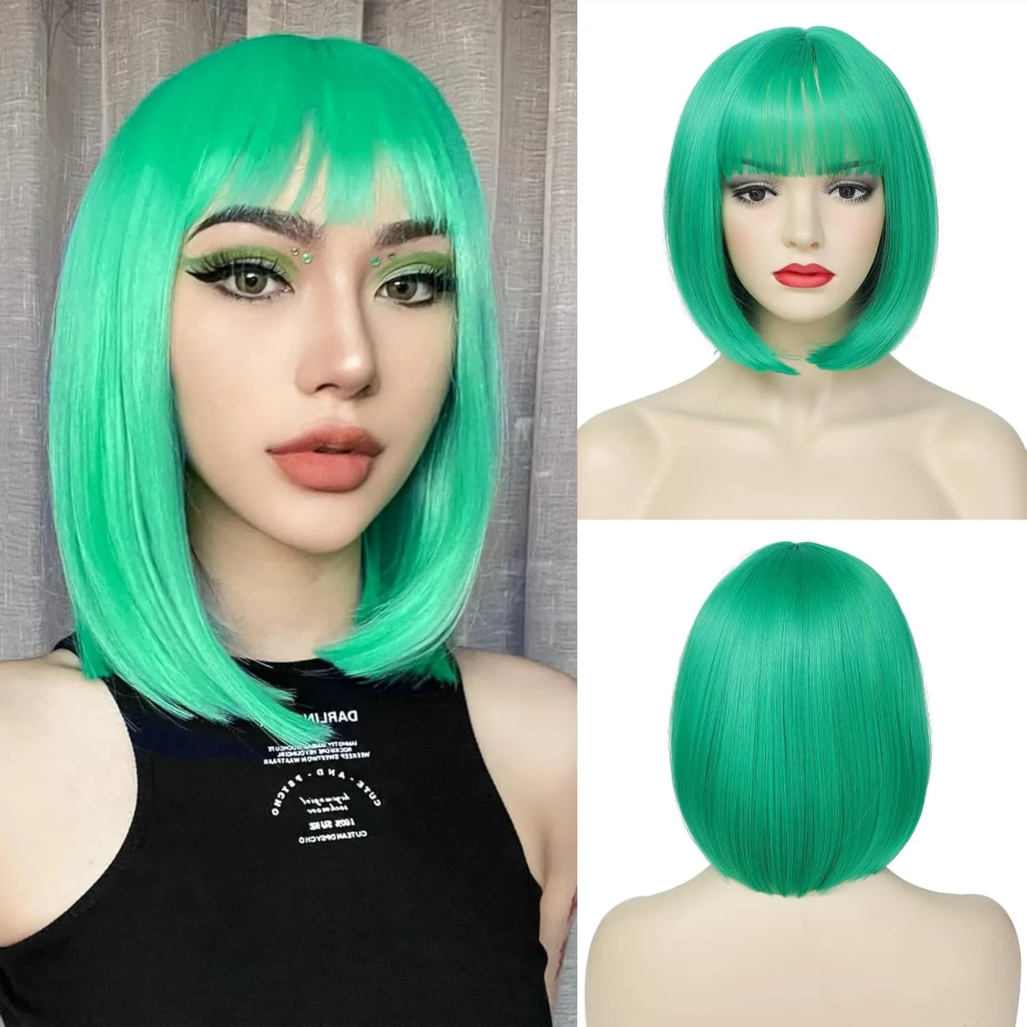 Green Bob Wigs with Bangs Short Straight Bob Wig For Women Shoulder Length Synthetic Wigs For Halloween Daily Party Cosplay
