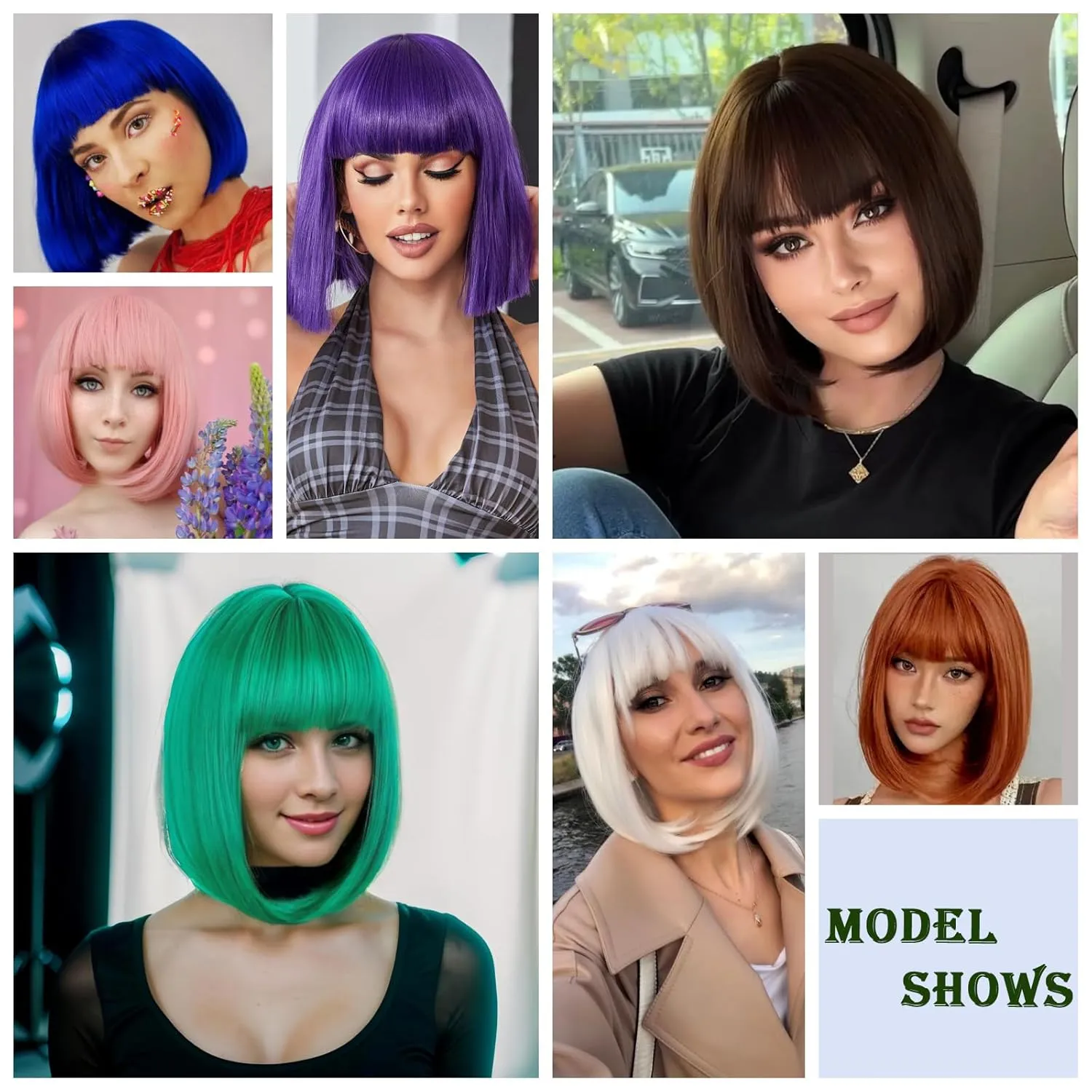 Green Bob Wigs with Bangs Short Straight Bob Wig For Women Shoulder Length Synthetic Wigs For Halloween Daily Party Cosplay