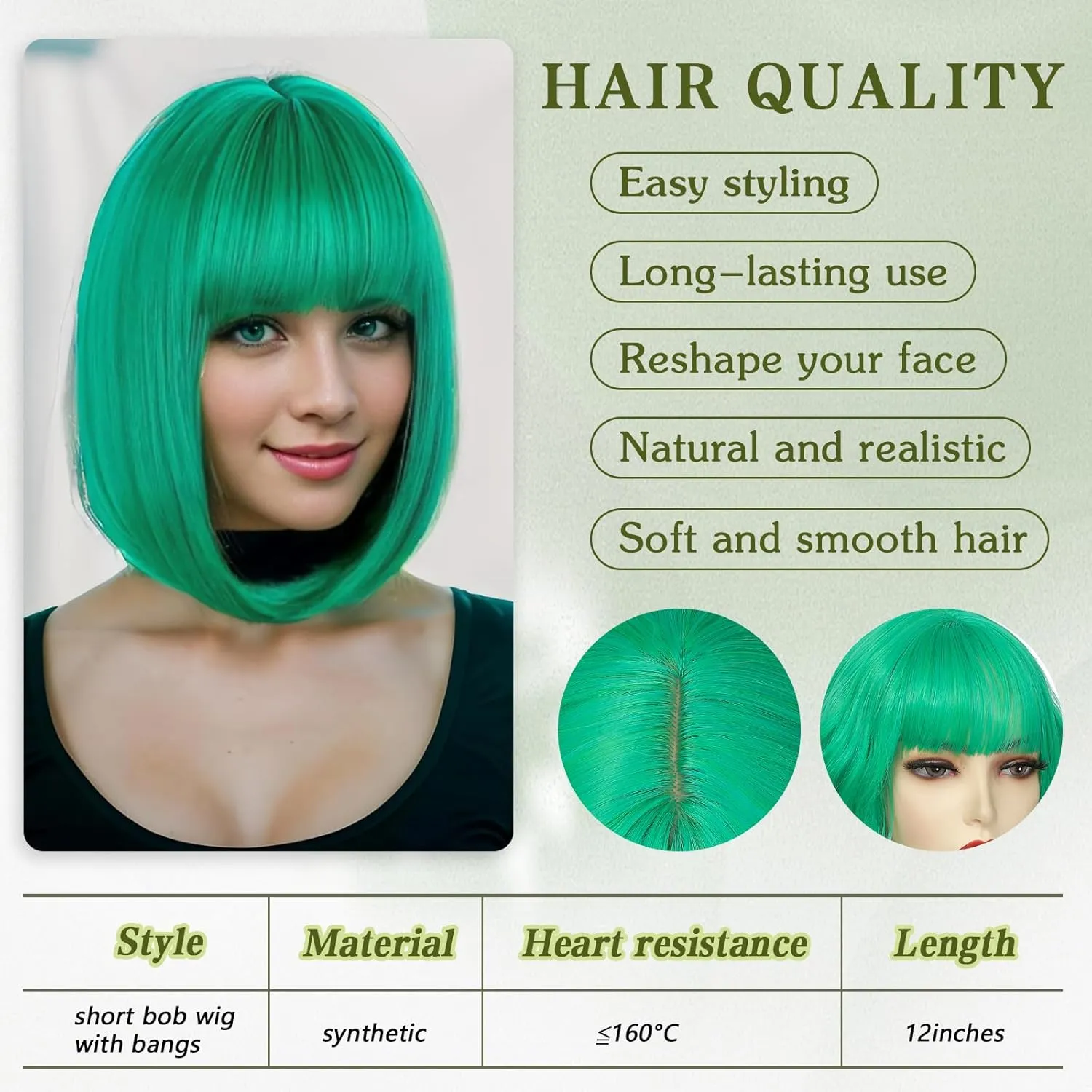 Green Bob Wigs with Bangs Short Straight Bob Wig For Women Shoulder Length Synthetic Wigs For Halloween Daily Party Cosplay