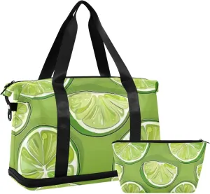 Green Lime Slices Gym Sports Duffel Bags Sports Duffel Bags with Adjustable Strap for Workout Multifunctional