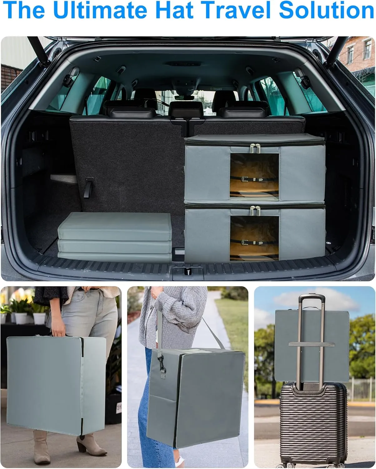 Grey Stackable Hat Organizer Box - Foldable, Dustproof, Travel Friendly, Accommodates Various Hat Styles, 16.54 x 16.54 x 7.87 inches