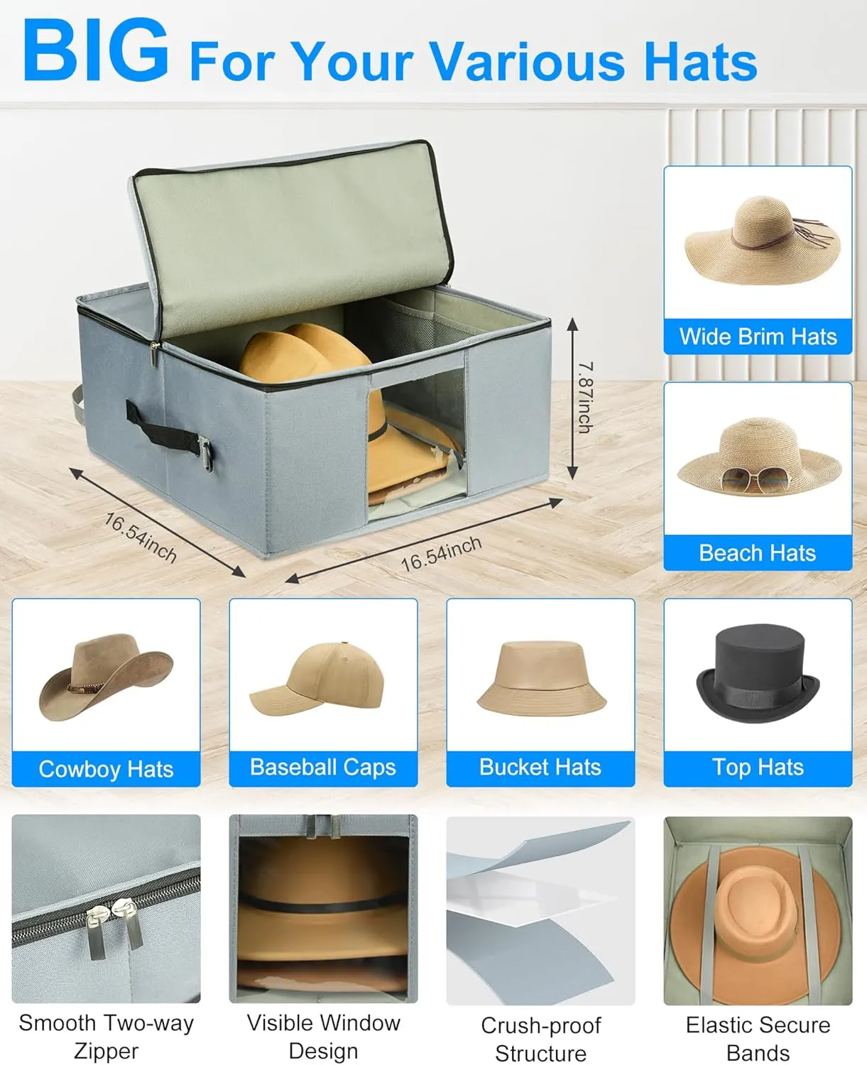 Grey Stackable Hat Organizer Box - Foldable, Dustproof, Travel Friendly, Accommodates Various Hat Styles, 16.54 x 16.54 x 7.87 inches