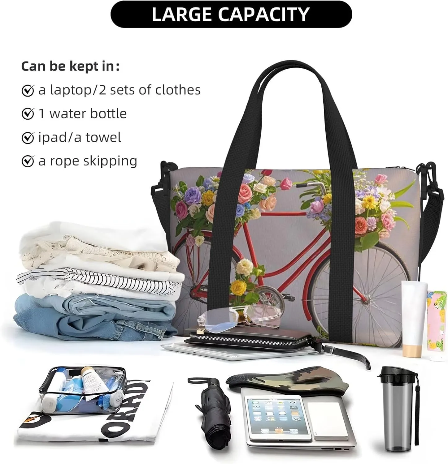 Gym Bag Flower bicycle Duffel Bag for Men Women Travel Overnight Bag with Shoe Compartment Workout Bags