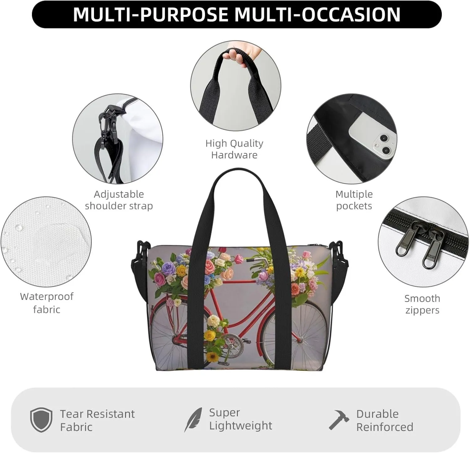 Gym Bag Flower bicycle Duffel Bag for Men Women Travel Overnight Bag with Shoe Compartment Workout Bags