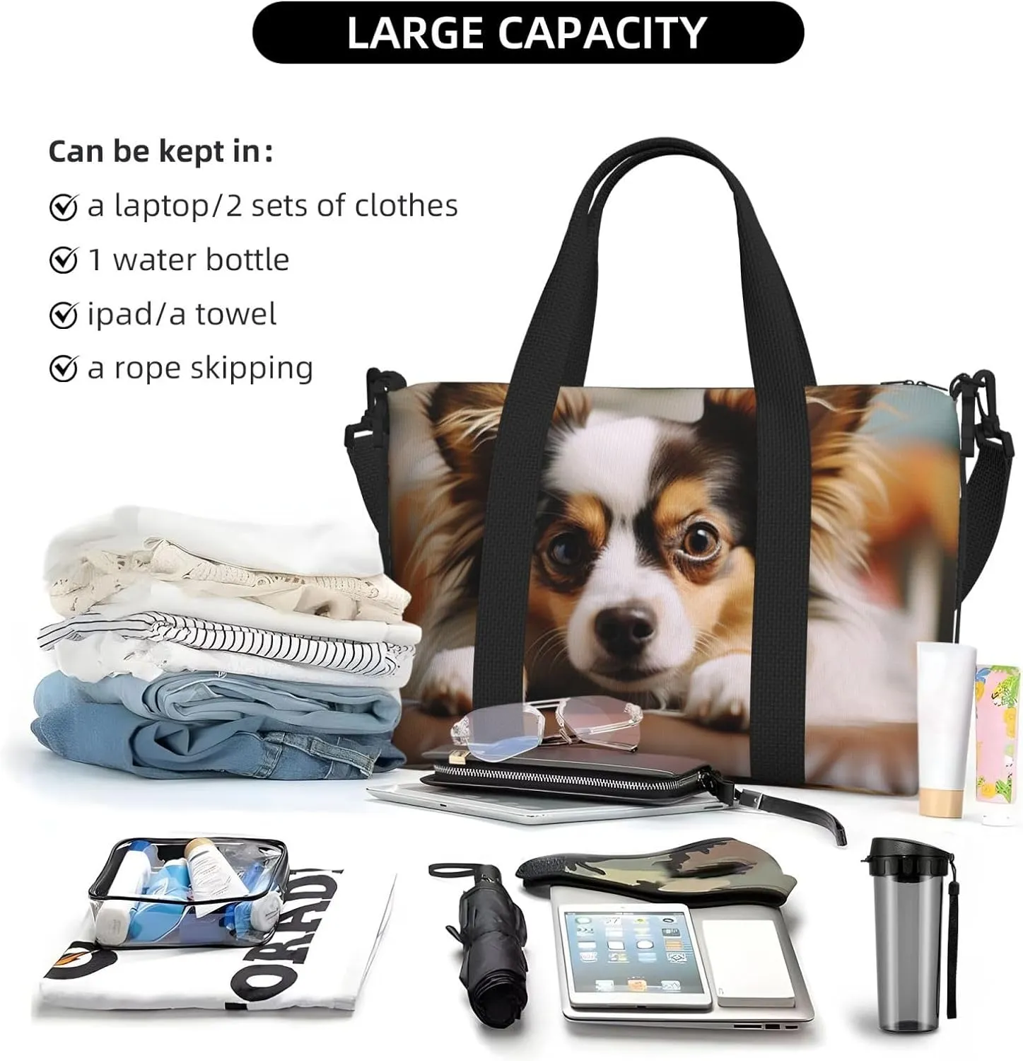Gym Bags Small Papillon lying on tummy Duffel Bag Overnight Bag with Shoe Compartment Carryon Bag for Men Women