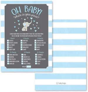 Hadley Designs 25 Blue Elephant What's in Your Purse Baby Shower Game, Funny Idea Coed Couples Game for Baby Party, Fun Woodland Themed Bundle Pack of Cards to Play at Boy Gender Kids Supplies