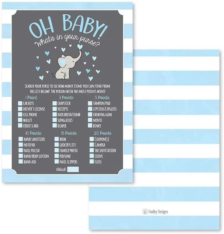 Hadley Designs 25 Blue Elephant What's in Your Purse Baby Shower Game, Funny Idea Coed Couples Game for Baby Party, Fun Woodland Themed Bundle Pack of Cards to Play at Boy Gender Kids Supplies