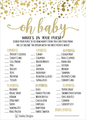 Hadley Designs Hilarious Baby Shower Games Set – 25 What's In Your Purse Baby Shower Game, Fun Sprinkle Themed Bundle Pack of Cards To Play, Gender Neutral and Fun for Boys & Girls (Gold)