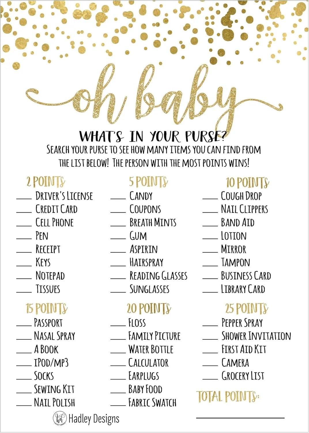 Hadley Designs Hilarious Baby Shower Games Set – 25 What's In Your Purse Baby Shower Game, Fun Sprinkle Themed Bundle Pack of Cards To Play, Gender Neutral and Fun for Boys & Girls (Gold)