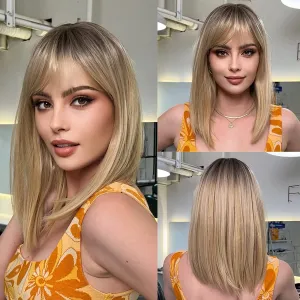 HAIRCUBE Long Blonde Wig with Bangs,Medium Length Ombre Blonde Wigs for Women Human Hair Blend Healthy Synthetic 16 Inch Wigs