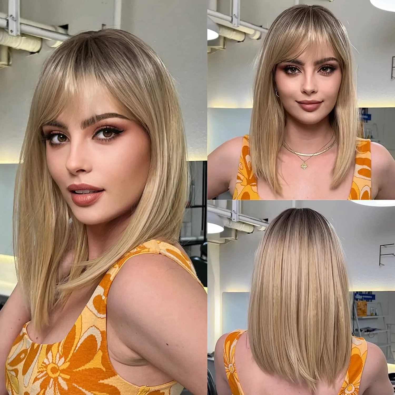 HAIRCUBE Long Blonde Wig with Bangs,Medium Length Ombre Blonde Wigs for Women Human Hair Blend Healthy Synthetic 16 Inch Wigs